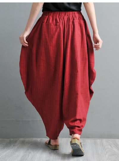 Harem Pants, Linen Yoga Pants, Drop Crotch, Wide Leg and High Waist, Red wine and black, Women