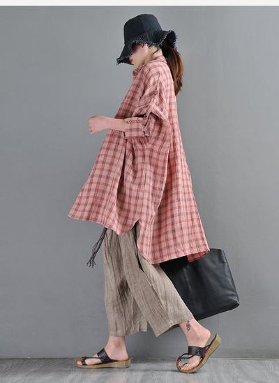Leather pink plaid loose shirt, yarn-dyed linen bat long sleeves shirt'Å’ plus size clothes