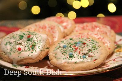Old Fashioned Sugar Cookies with a thick, powdered sugar icing and sprinkles for Christmas.