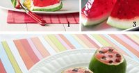 Photo credits above: 1) Watermelon Cake via Woman’s Day 2) Watermelon Sorbet Slice via Make and Takes 3) Watermelon Jello via Hugging the Coast 4) Watermelon Sh