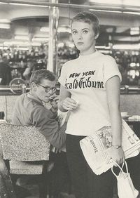 jean seberg in Breathless the first film by Jean-Luc Godard, released in 1960. I want the New York Hearld Tribune shirt she wears. A bounty to the person who brings me the shirt!