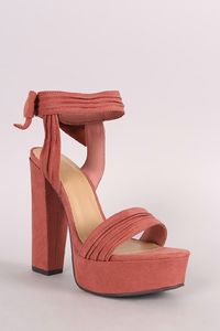 Bamboo Ruched Suede Bow Ankle Cuff Chunky Platform Heel $37.00