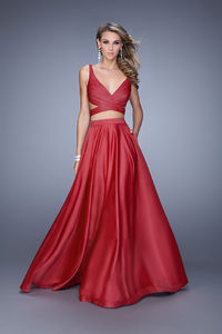 Two Piece Crimson Satin La Femme 21178 Prom Dresses with Pockets
