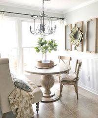 Home Tour- Farmhouse Style Breakfast Nook with Drying Rack Wall Decor, Round Dining Table, and Tufted Sofa by Plum Pretty Decor and Design